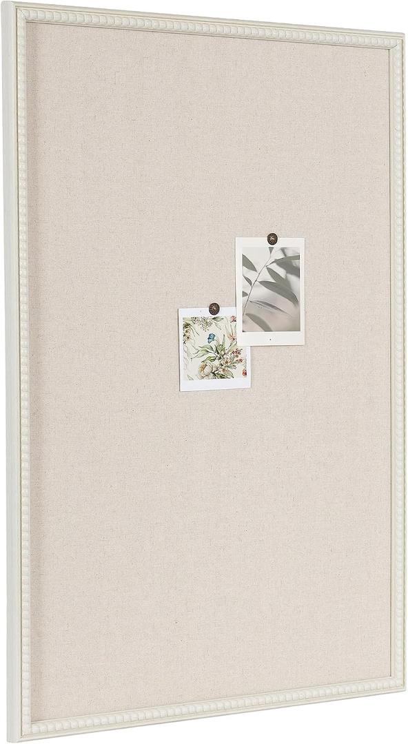 Kate and Laurel Makenna Rectangle Framed Linen Fabric Pinboard; 24 x 36; Soft White; Traditional Beaded Bulletin Board for Vintage Home Wall Organization or Aspirational Vision Board