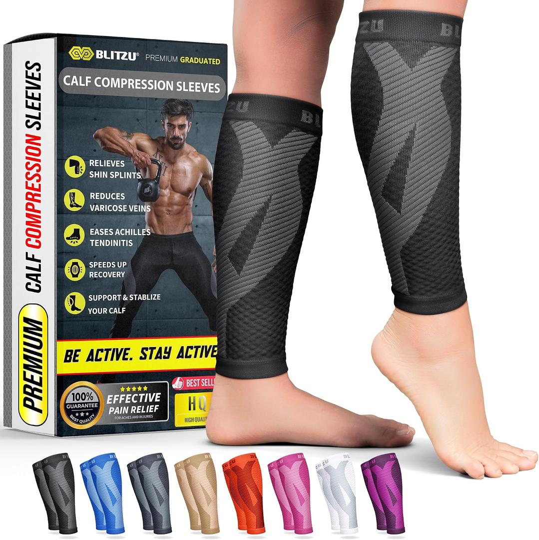 BLITZU Calf Compression Sleeve for Men & Women Footless Compression Socks Support Runners Leg Sleeve Shin Splints Pain Relief, Large/X-Large
