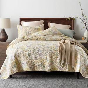 ENASAL Cotton Bedspread Quilt Sets, Reversible Bedding Coverlet Sets Comforter, Floral Paisley Bedspread (Yellow, King Size)