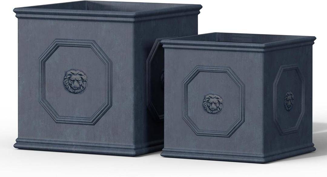 Kante Square Lion Head Concrete Planter Set of 2, Classic English Style Plant Pot with Drainage Hole and Rubber Plug for Indoor Outdoor, 10.2"x10.2"x10.2" and 12.6"x12.6"x12.6" Antique Gray