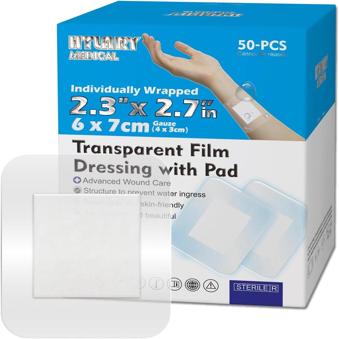 Waterproof Transparent Film Dressing with Absorbent Pad 50-Pack Sterile Adhesive Bandages Post-Surgical Wound Cover, Protective Barrier for Sensitive Skin (2.3x2.7)