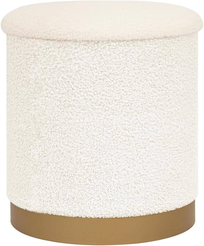 Round Storage Ottoman with Reversible Tray Top, 16.3" Boucle Ottoman Footrest Stool with Metal Base, Upholstered Vanity Stool with Storage for Living Room Bedroom, White