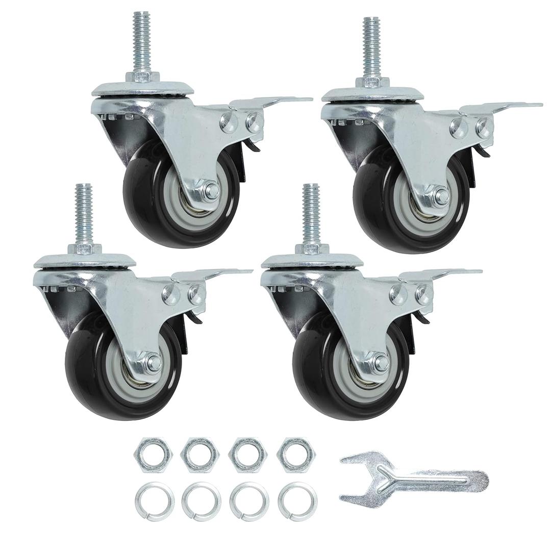 Finnhomy Stem Caster Wheels 2 Inch Heavy Duty Threaded Swivel Casters 1/4" - 20 x 1 with Brake Set of 4 for Wire Shelve Wheel Anti-wear Smooth Casters, Black