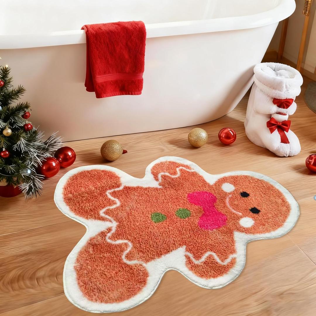 Christmas Bathroom Rugs Cute Gingerbread Bath Mats for Bathroom Xmas Door Mat with Non-Slip Rubber Absorbent Christmas Decor for Bedroom Kitchen Floor