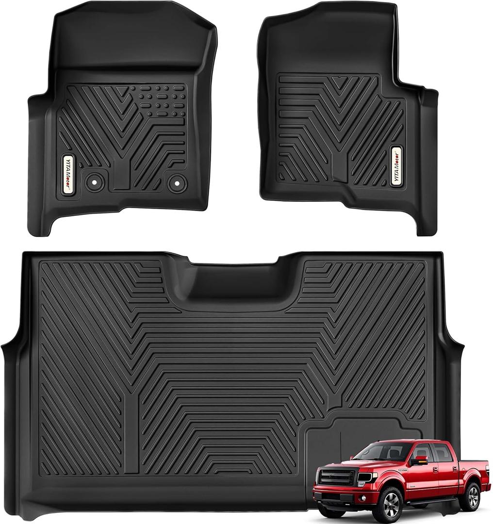 YITAMOTOR Floor Mats Compatible with 2010-2014 Ford F-150 F150 SuperCrew/Crew Cab with 1st Row Bucket Seat, Custom Fit 2 Row Set (Front & 2nd Seat), Black TPE All-Weather Guard