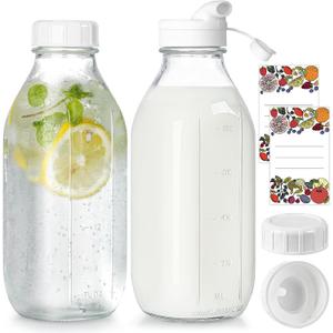 Milk Bottle with Dispenser Cap, 100% Airtight Heavy Duty Screw Lid. 2 Pack 32 Oz Reusable Glass Bottles with 3 Lids! Breast Milk Jug Pitcher, Buttermilk, Water, Juice Bottles w Cap, Syrup, Honey