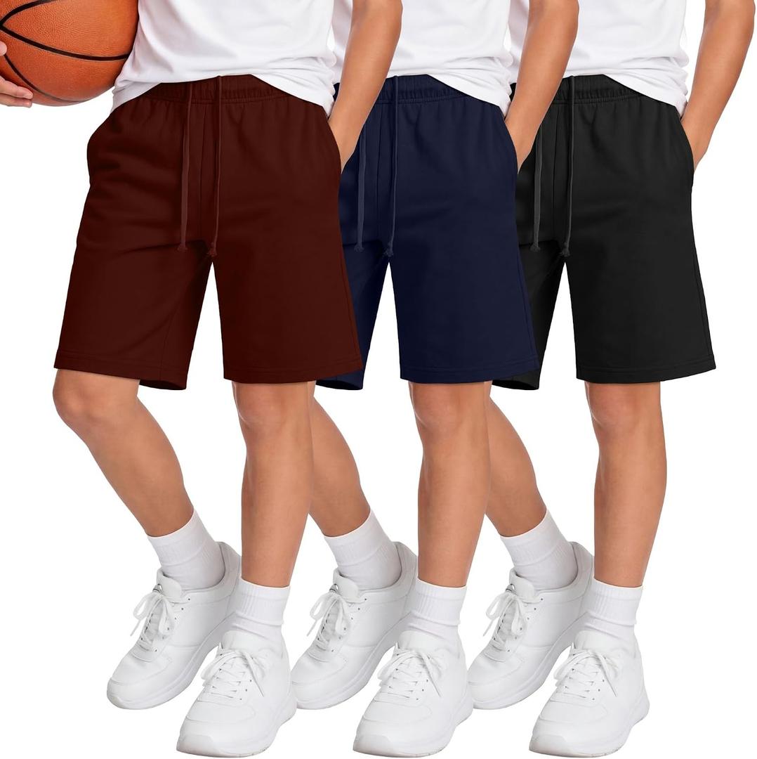 3 Pack Boys Shorts Athletic SweatShorts | with Pockets, Elastic Waist, Back to School, Casual Joggers, Daily Wear, Running Sport, for Kids Tween Youth Teen, 5-14 Y