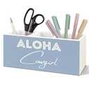 SNNDER Blue Aloha Coastal Cowgirl Pen Holder for Desk, Western Preppy Beach Wooden Box Sign Desk Decor for Home Girls Room Tabletop Shelf Decoration, Country Girl Gifts Pencil Organizer, Cowgirl Gifts