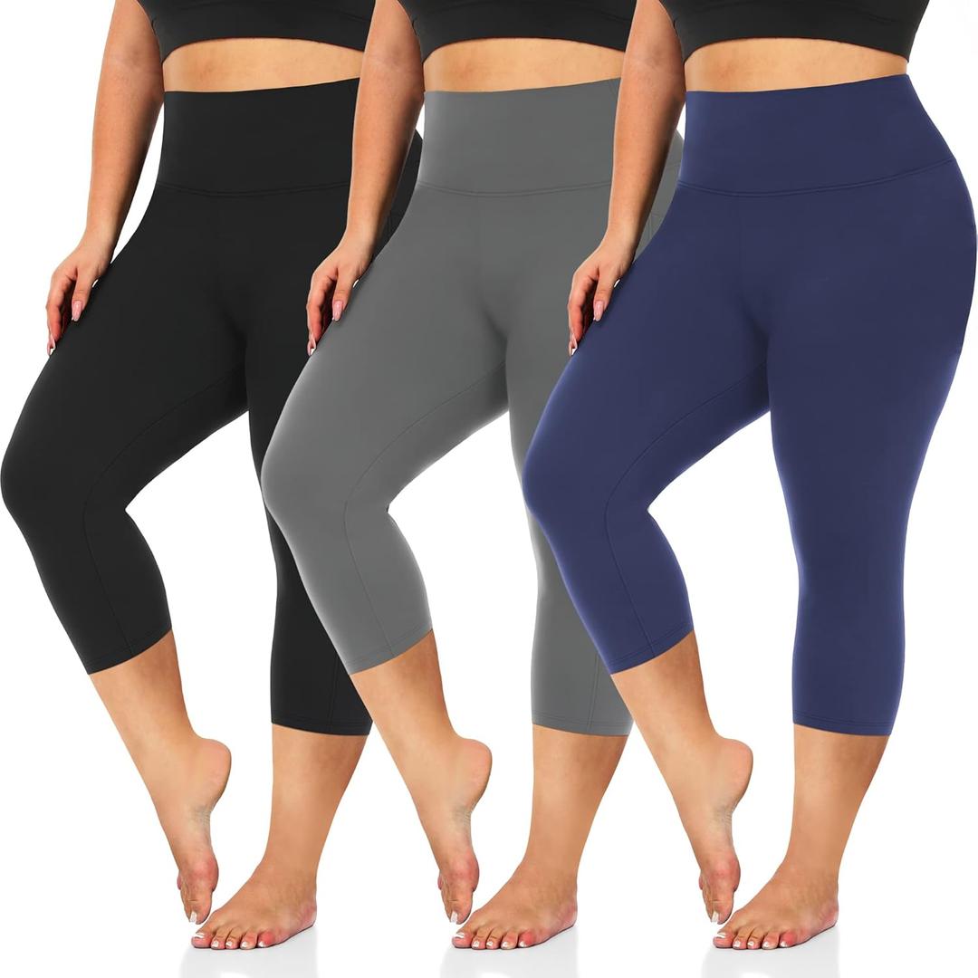 3 Pack Women's Plus Size Capri Leggings High Waist Tummy Control, Stretchy Yoga Workout Pants (XL-4X) - Spandex Elastic Fit (3pack Black/Grey/Navy)