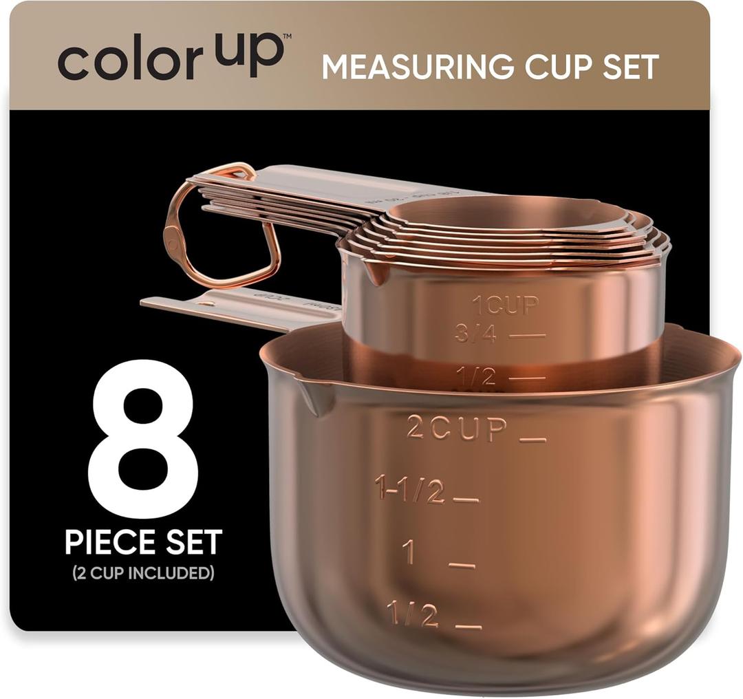 Color Up Measuring Cup Set, 8 Piece Includes 2 Cup, Copper Finish, Stainless Steel, Accurate for Wet & Dry Ingredients, Embossed Markings, Easy-Pour Spouts, Dishwasher-Safe, Kitchen Essential