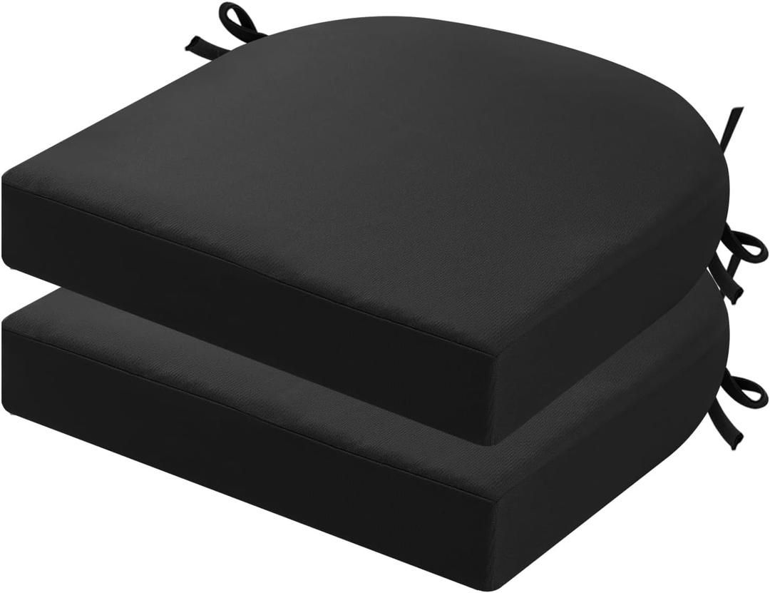 idee-home Outdoor Chair Cushions Set of 2, Thick 17" x 17" x 3" Outdoor Seat Cushion Patio Furniture Waterproof with Ties, Patio Chair Pads Dining Black