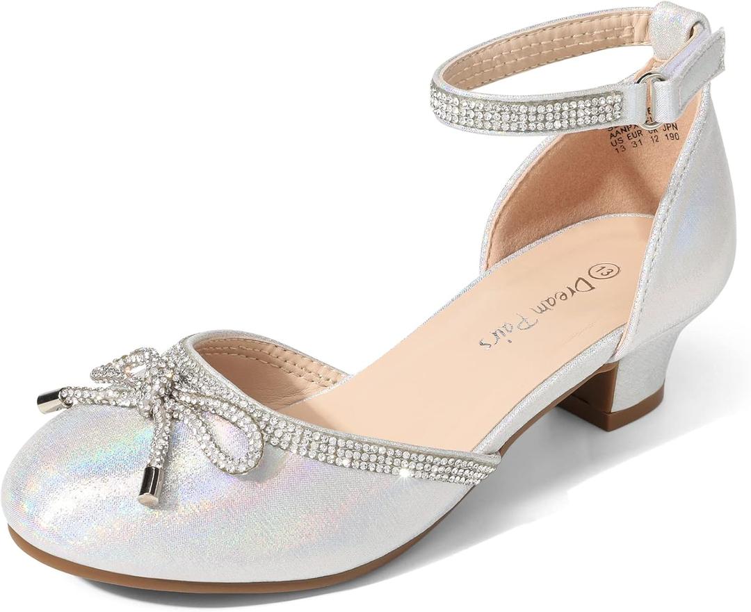 DREAM PAIRS Girls Dress Shoes Closed Toe Low Heels Ankle Strap Pumps for Toddler Little Big Kid Flower Party Wedding Princess (Silver), Size 13