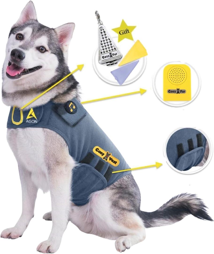 CozyVest Dog Anxiety Vest 3-in-1 Music & Aromatherapy Shirt, Relaxing Sound & Essential Oil Scent Jacket, Fireworks Thunder Separation & Thunderstorm Canine Stress Relief Coat (Gray, M [26-40 Lbs])