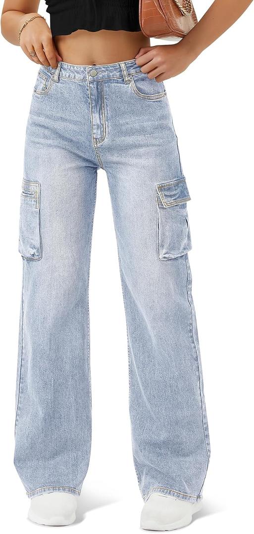 Women High Waisted Cargo Jean for Women with 6 Pockets Straight Wide Leg Jean Casual Baggy Pants (Blue, M)