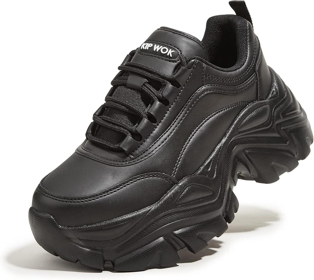 K KIP WOK Chunky Sneakers for Women Fashion Platform White Leather Casual Dad Shoes Comfortable Wedge Walking Sport Sneakers (7, Black)