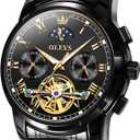 OLEVS Watch Men Luxury Stainless Steel Easy Read Diamond Original Self Winding Black Watches for Men Big Face No Battery Water Resistant Watches Dress Two Tone Adjustable Automatic Tourbillon relojes para hombres