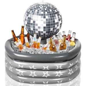 Bencailor Disco Ball Inflatable Cooler Inflatable Drink Cooler Disco Party Decoration PVC Blow up Ice Serving Buffet Bar for Summer Pool Party, 29.53 x 25.24 Inch