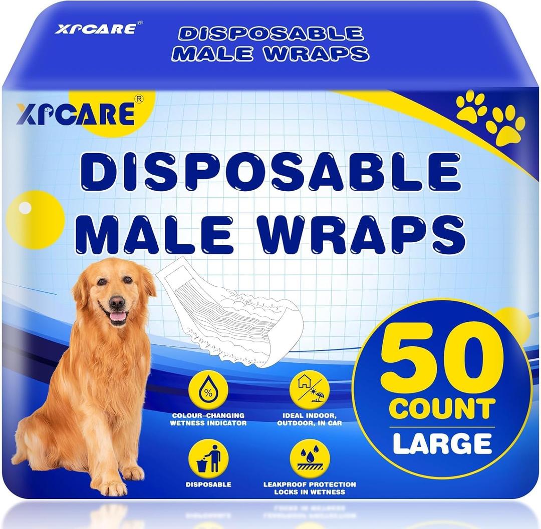 XPCARE 50 Count Disposable Male Dog Diapers, Male Dog Wraps,Super Absorbent Leak-Proof Fit (Large)