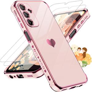 LeYi for Galaxy A15-5G Phone Case: with Tempered Glass Screen Protector [2 Pcs]+ Full Camera Lens Protection, Love Heart Plating Girly Women Luxury Shockproof Android A 15, Pink