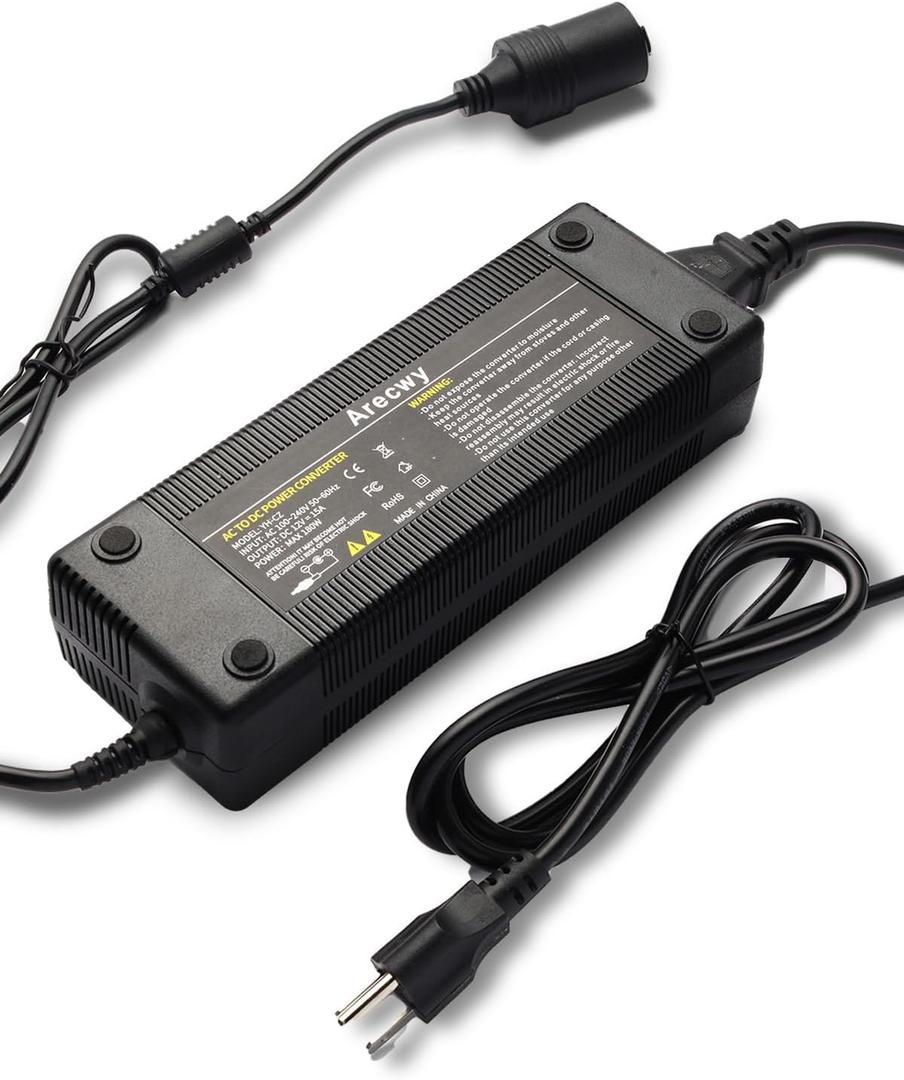 AC to DC Converter 180W 15A 110V to 12V Power Adapter with Fast Cooling Fan, Car Cigarette Lighter Socket Power Supply for Car Vacuum, Refrigerator, Inflator