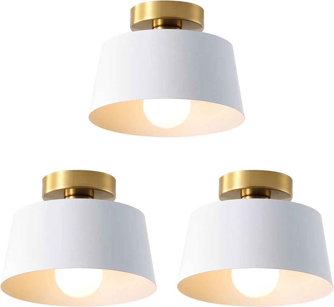 Ceiling Light Fixture, Hallway Ceiling Light with Gold Plate and White Shade, Modern Simple Style Porch Light Fixtures Semi Flush Mount (3 Pack White)