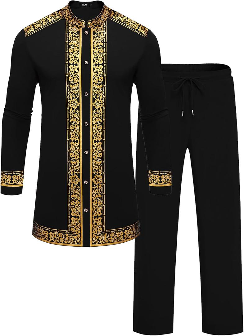 Mens African 2 Piece Set Nigerian Dashiki Metallic Traditional Suit Gold Stamp Printed Shirt and Pants Outfit, L