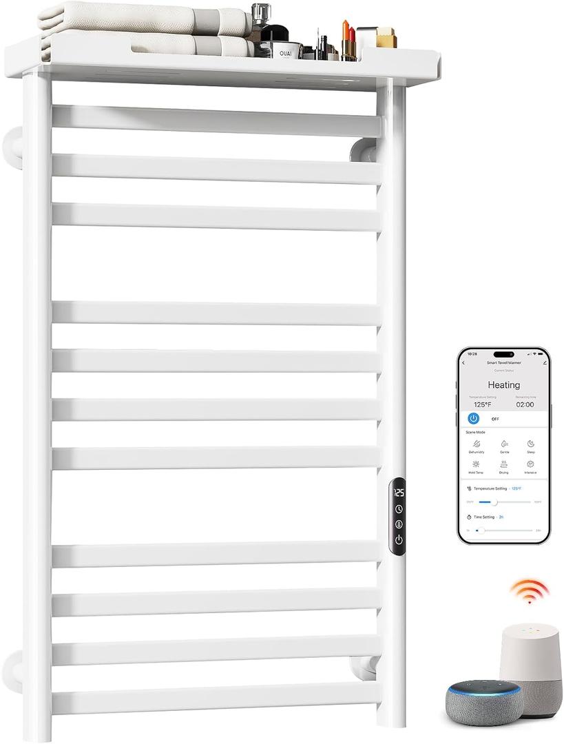 ENZE Smart Heated Towel Rack with Shelf, 11-Bar Wall-Mounted, White