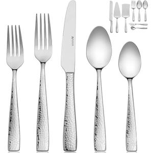 Hudson Essentials 68-Piece Hammered 18/10 Stainless Steel Silverware Cutlery Set with Serving Set, Flatware Service for 12 (68-Piece Set)