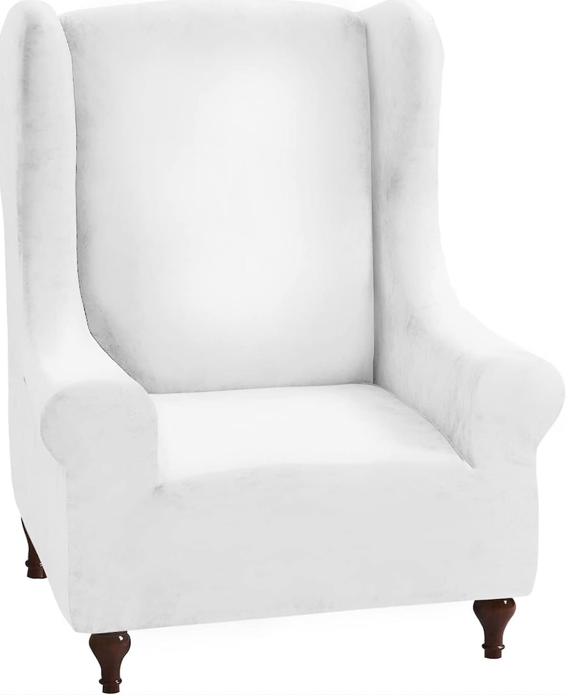 MAXIJIN Stretch Velvet Wingback Chair Slipcover 1-Piece Soft Stylish Plush Slipcovers for Wingback Chairs Thick Rich Velvet Wing Chair Cover with Elastic Bottom (Wing Chair, White)