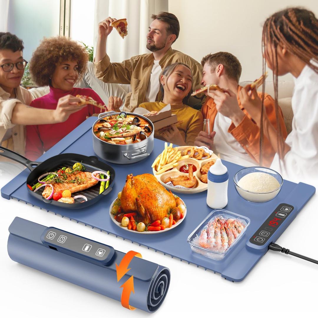 Electric Warming Tray - Full Surface Heating, Rollable & Portable,Premium Silicone Nano-Material, 5 Temperature Settings, Auto Shut-Off Versatile Food Warmer for Gatherings,Heating Mat for Food (Blue)