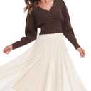 Women's Puff Short Sleeve Sweater V-Neck Button Knit Tops Crochet Soft Knitwear (Brown, L)