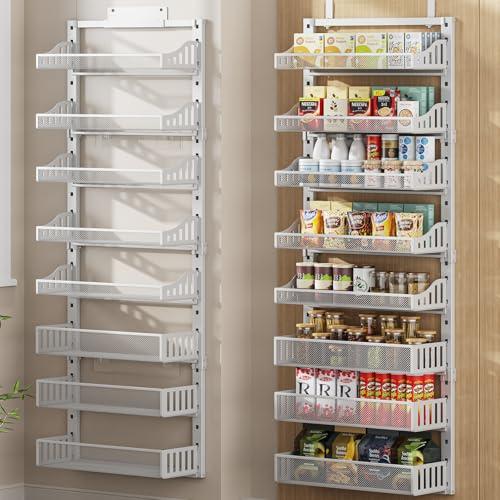 POKIPO Over the Door Pantry Organizer 8-Tier, Large Metal Door Spice Rack with Adjustable Basket, 2 in 1 Wall Mount or Hanging Heavy-Duty Pantry Door Storage Shelf for Kitchen and Bathroom, White