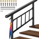 Updated Handrails for Outdoor Steps, 2-3 Steps Wrought Iron Stair Railing with Fence, Flexible Exterior Hand Railing for Concrete or Wooden Stairs, Black Transitional Handrails with Installation Kit