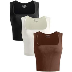 OLCHEE Womens 3 Pack Crop Tank Tops Seamless Ribbed Square Neck Tapered Shoulder Strap Sleeveless Workout Top Summer Shirts, M