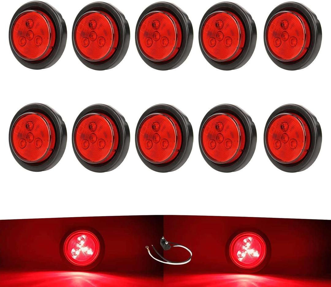 NEW SUN 2" Round LED Trailer Lights, Side Marker Lights Waterproof with Grommet & Plug+Play 2 Pin for Fender, Truck, Trailer, Rvs, Camper, 10Pcs Red
