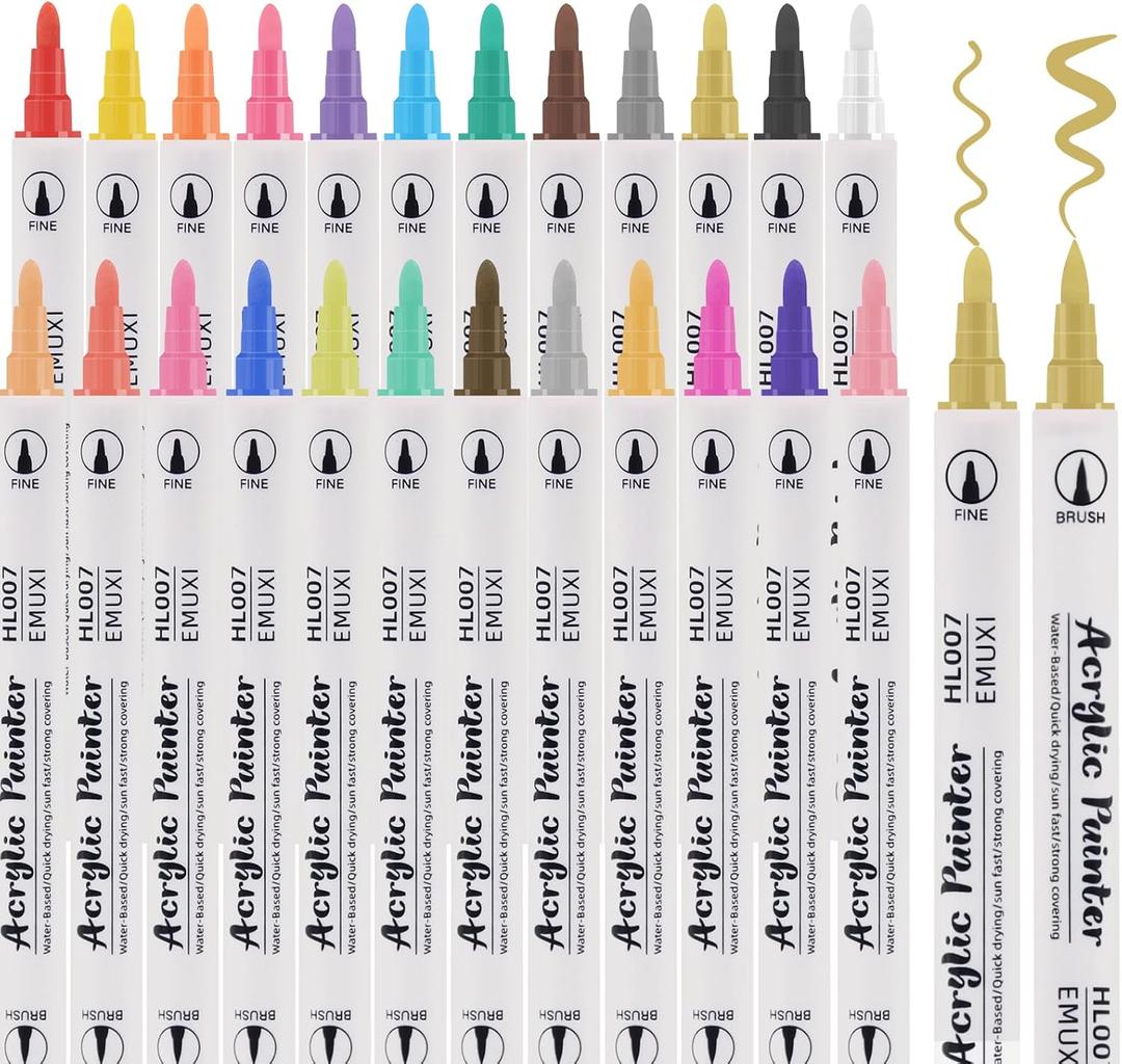 24 Colors Acrylic Paint Markers Pens Set Dual Tip with Fine and Brush for Paper Metal Rock Wood Plastic Canvas Ceramics DIY Crafts Drawing Art Supplies