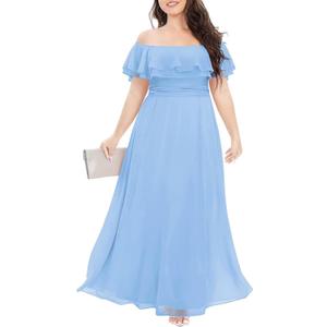 Pinup Fashion Women's Bridesmaid Dresses for Wedding Plus Size Formal Off The Shoulder Chiffon Maxi Dresses (Blue), Size: 14 Plus