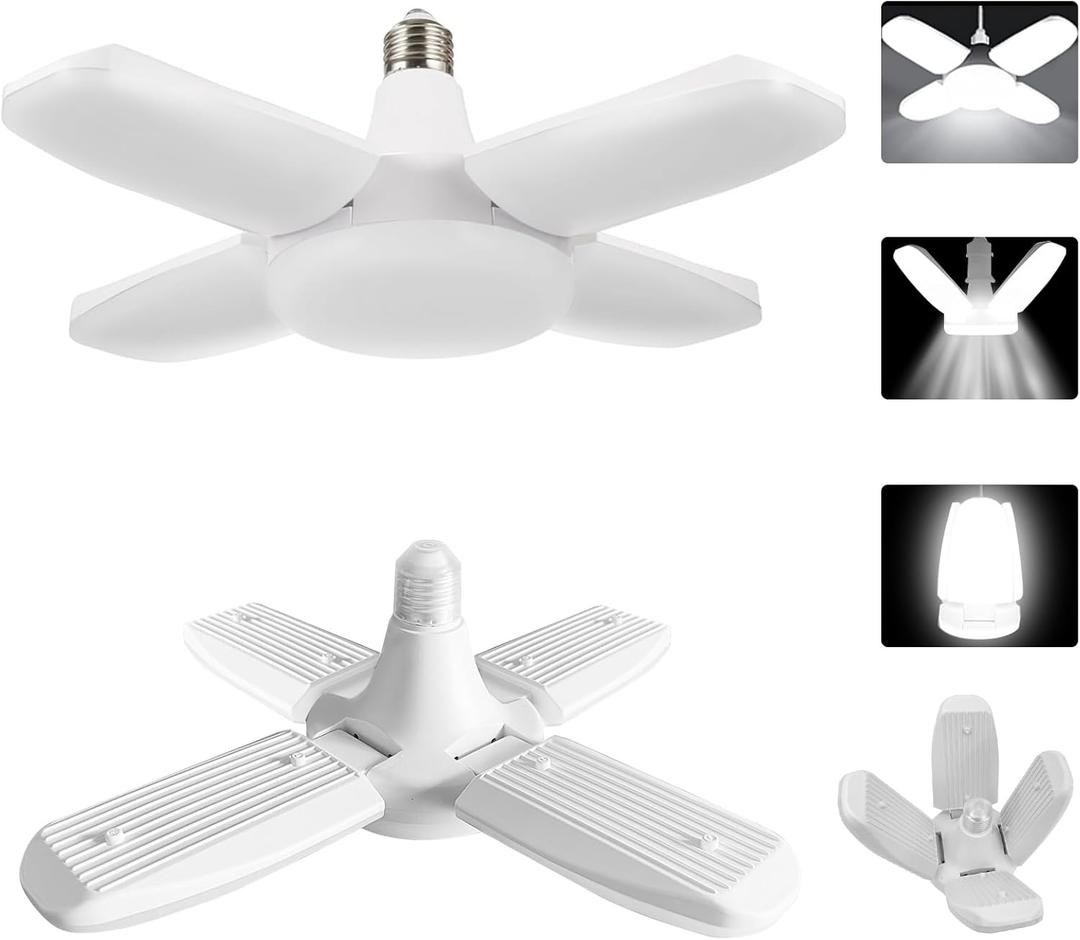 YWD LED Garage Lights 2Pack, 60W Deformable Led Ceiling Lighting 6000LM E26/E27 Daylight 6500K Super Bright Light Adjustable for Workbench, Barn, Warehouse