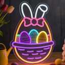 16 In Easter Egg Basket Neon Sign with Bunny Dimmable Bow Egg Basket Led Sign Neon for Wall Decor for Window Party Gifts Bedroom Holiday Spring Bar Home Business Holiday
