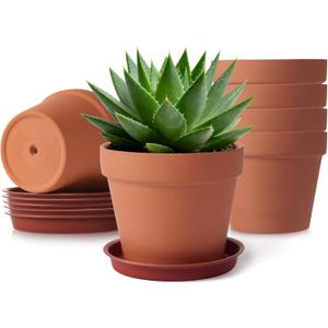 KOAMLY 2 PCS Clay pots and Plates, 5-inch red Clay pots with Drainage, Perfect for Indoor, windowsill, and Garden Plants