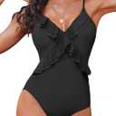 AI'MAGE One Piece Swimsuit for Women Tummy Control Ruffle Bathing Suit V Neck Push Up Swimwear (Large, Black)