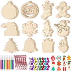 Virgooer 60pcs DIY Wooden Christmas Ornaments Unfinished 12 Styles Christmas Crafts for Kids, Wood Kit for Crafts with 8 Coloured Pen and 60 Jingle Bell