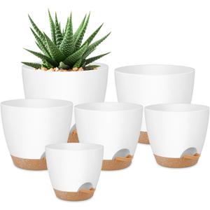 QRRICA Plant Pots 8/7/6.5/6/5.5/5 Inch Self Watering Pots, Set of 6 Plastic Planters with Drainage Holes and Saucers,Plastic Flower Pots,Nursery Planting Pot for Indoor Out Door PlantsWhite