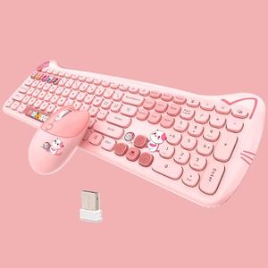 Cute Cat 2.4G USB Wireless Keyboard and Mouse Combo, Silent Keys, Candy Colors, Compatible with Notebook, PC (Pink-110Keys)