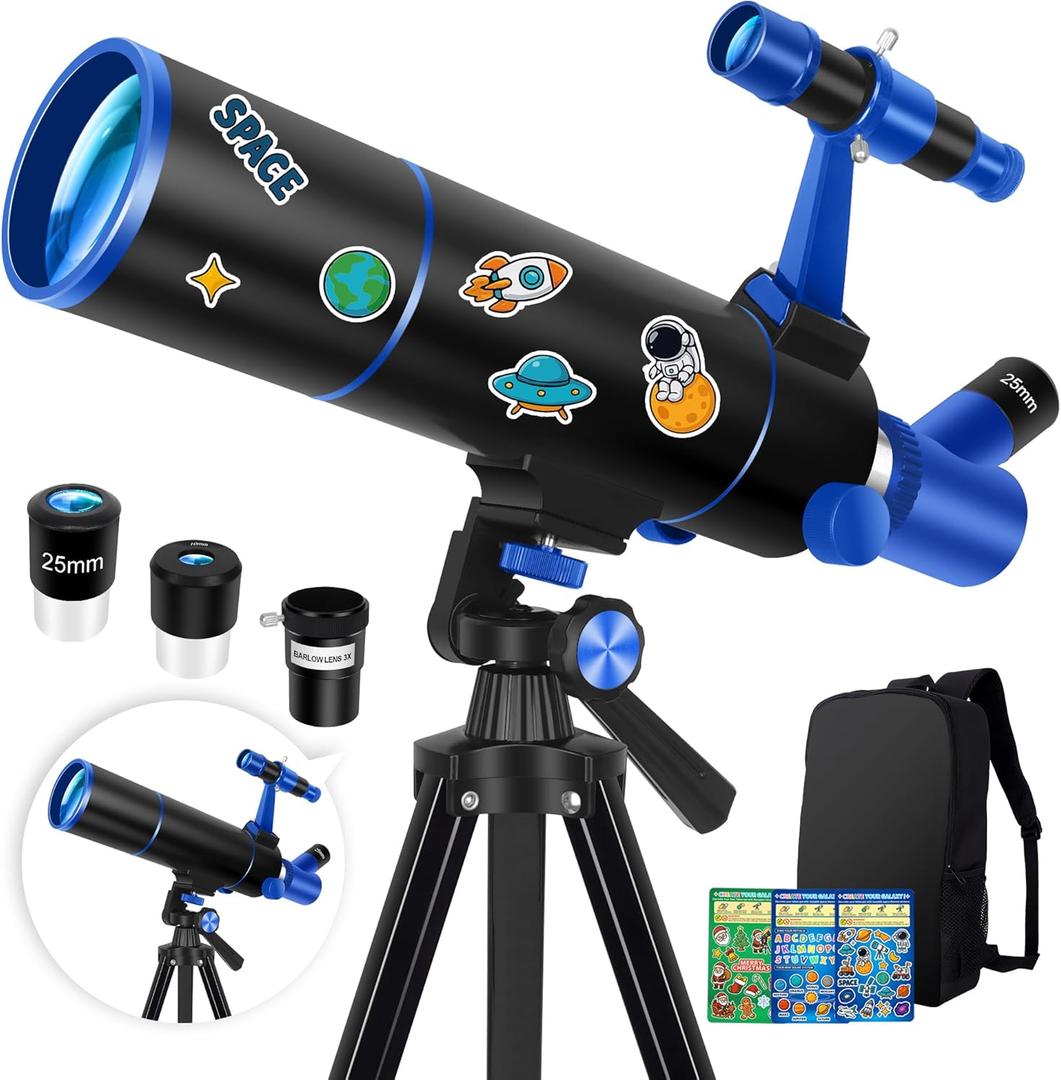 Hawkko Telescope for Adults & Beginners, 80mm Aperture 500mm Telescopes for Adults Astronomy, (20X-150X) Portable Refractor Telescope Kit with Decorate Stickers, Backpack, Phone Adapter - BlackBlue