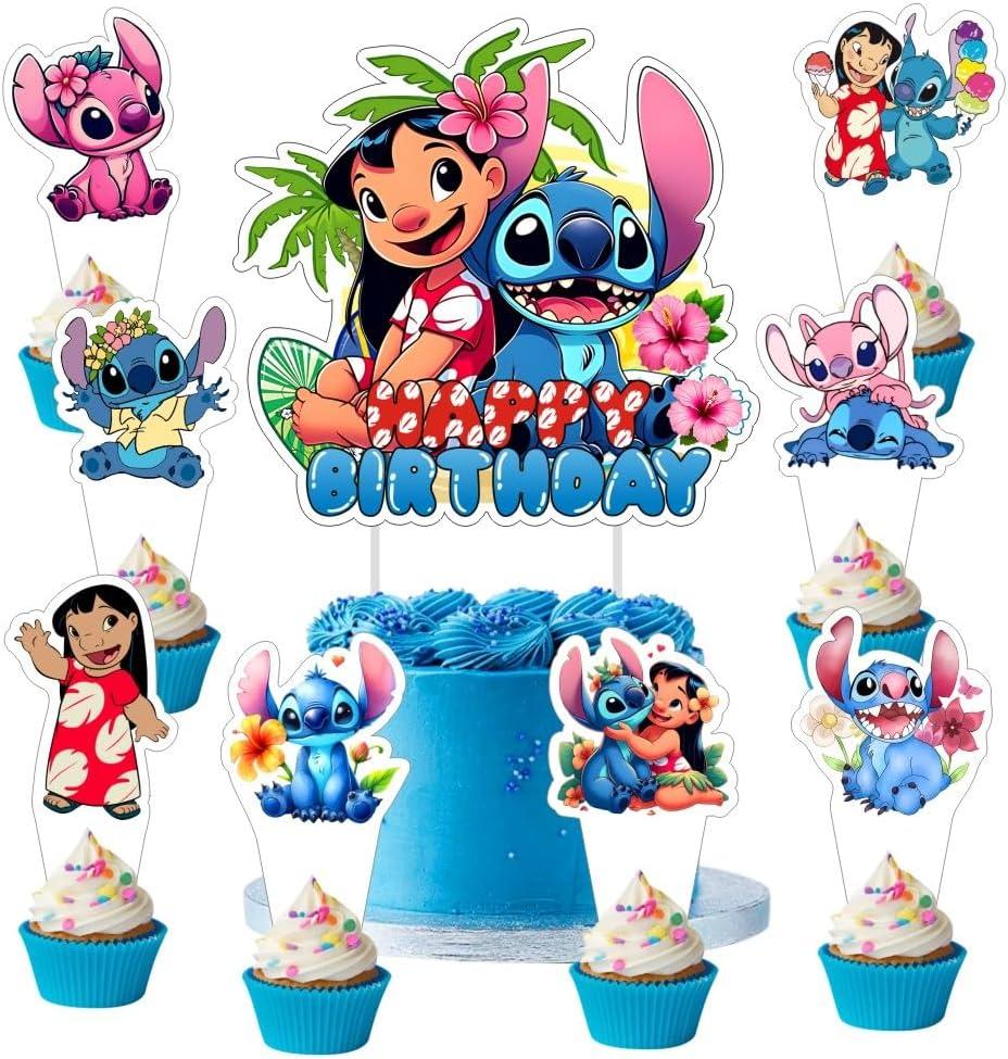 25 Pcs Cake Topper and Cupcake Toppers Set Birthday Party Supplies for Cartoon Blue Themed Birthday Decorations (Stitch)