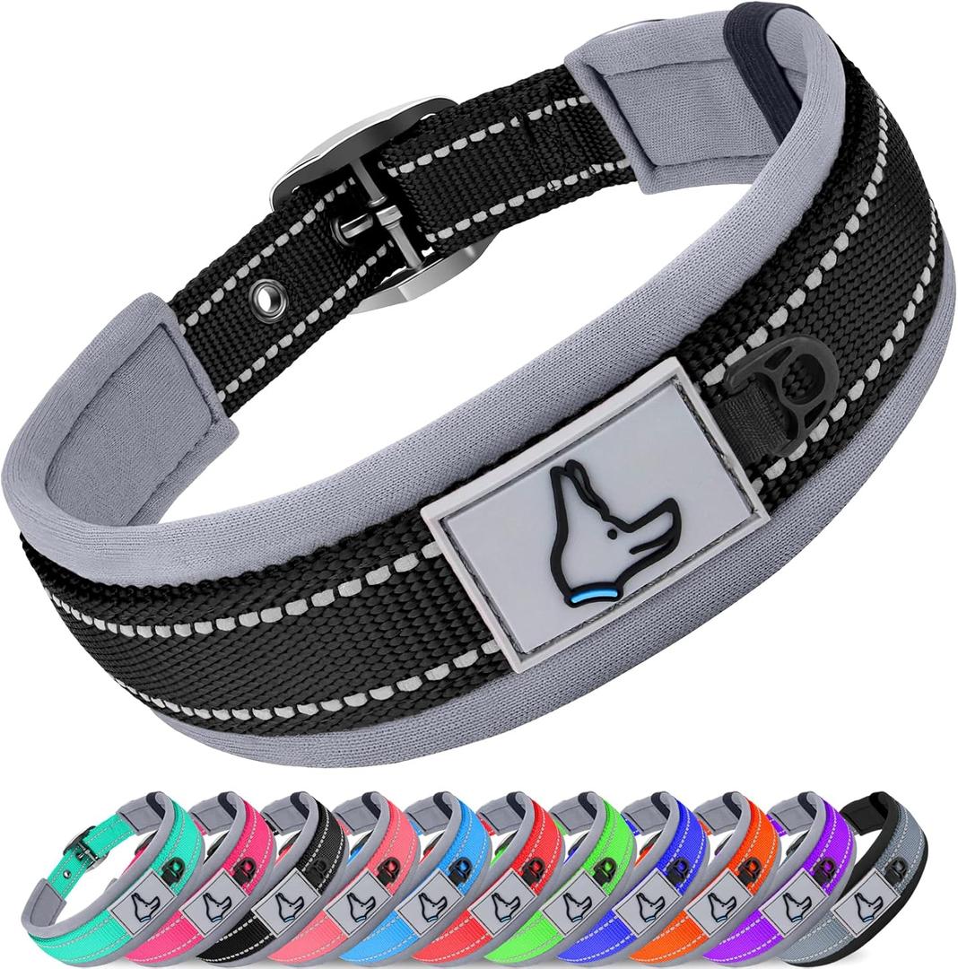 Joytale Dog Collar for Medium Dogs, Neoprene Padded and Adjustable, Reflective Wide Heavy Duty Pet Collars with Durable Metal Belt Buckle for Walking, Black, M (M: Width 1", Neck 15-19.5", Balck)