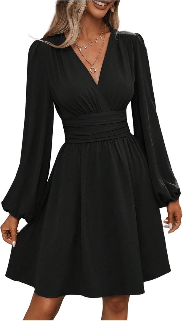SOLY HUX Women's Elegant Dress V Neck Long Sleeve High Waist Swing Prom Cocktail Short Dresses Plain Black Large