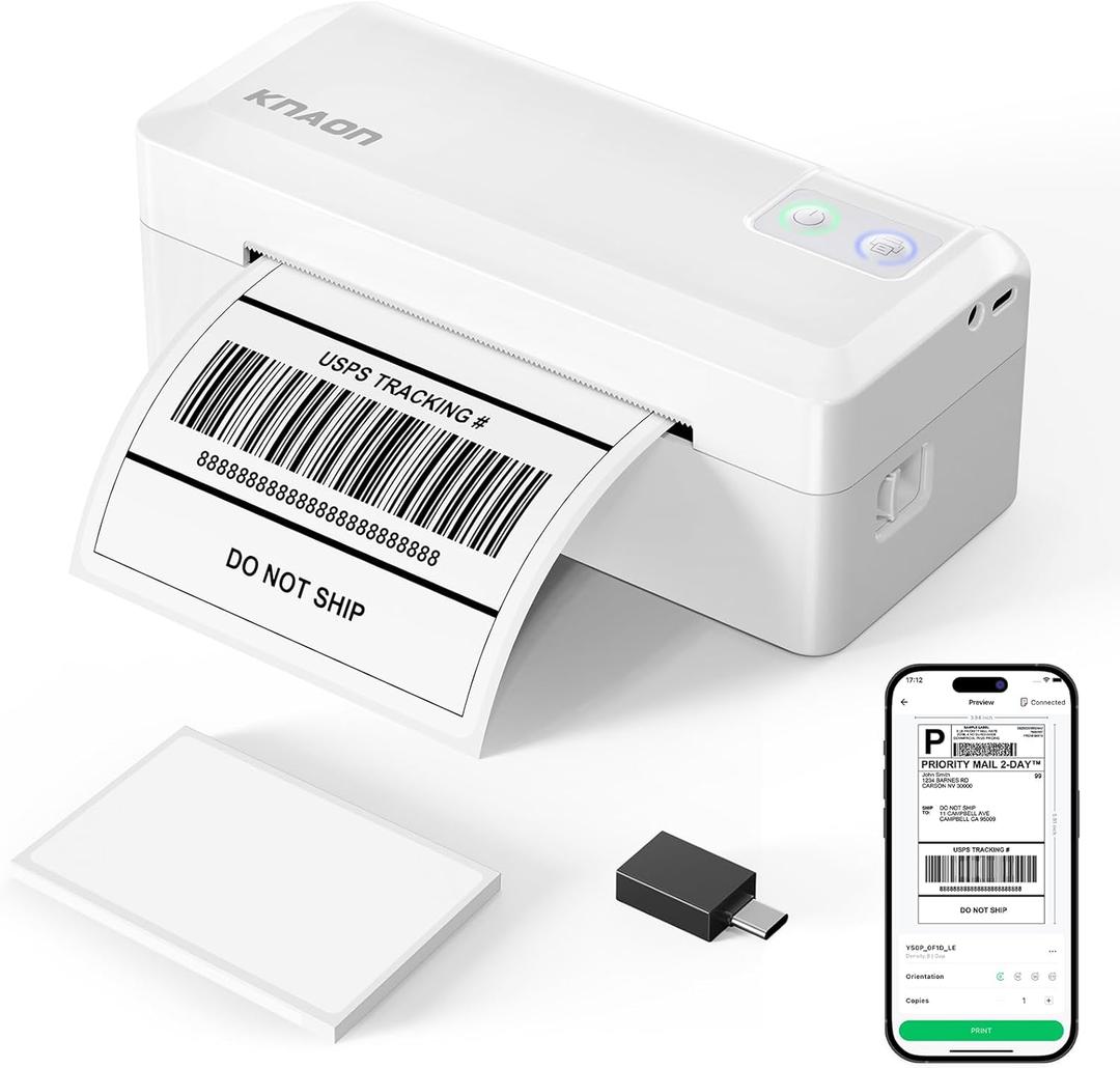KNAON Shipping Thermal Label Printer, 4x6 Portable Label Printer, Bluetooth Label Maker for Small Business, Support iPhone,Android,Windows,Mac,Chromebook,Works with USPS, Ebay,Shopify&More, White