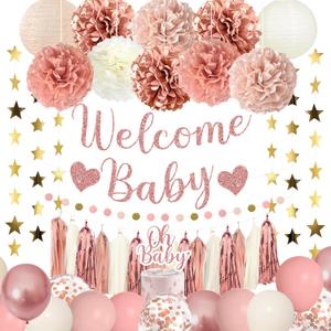 Amandir Dusty Pink Girl Baby Shower Decorations Welcome Baby Banner, Cake Topper, Paper Lanterns, Gold Balloons Pom Poms Flowers Tassels, Circle Dots Star Garland Gender Reveal Birthday Party Supplies